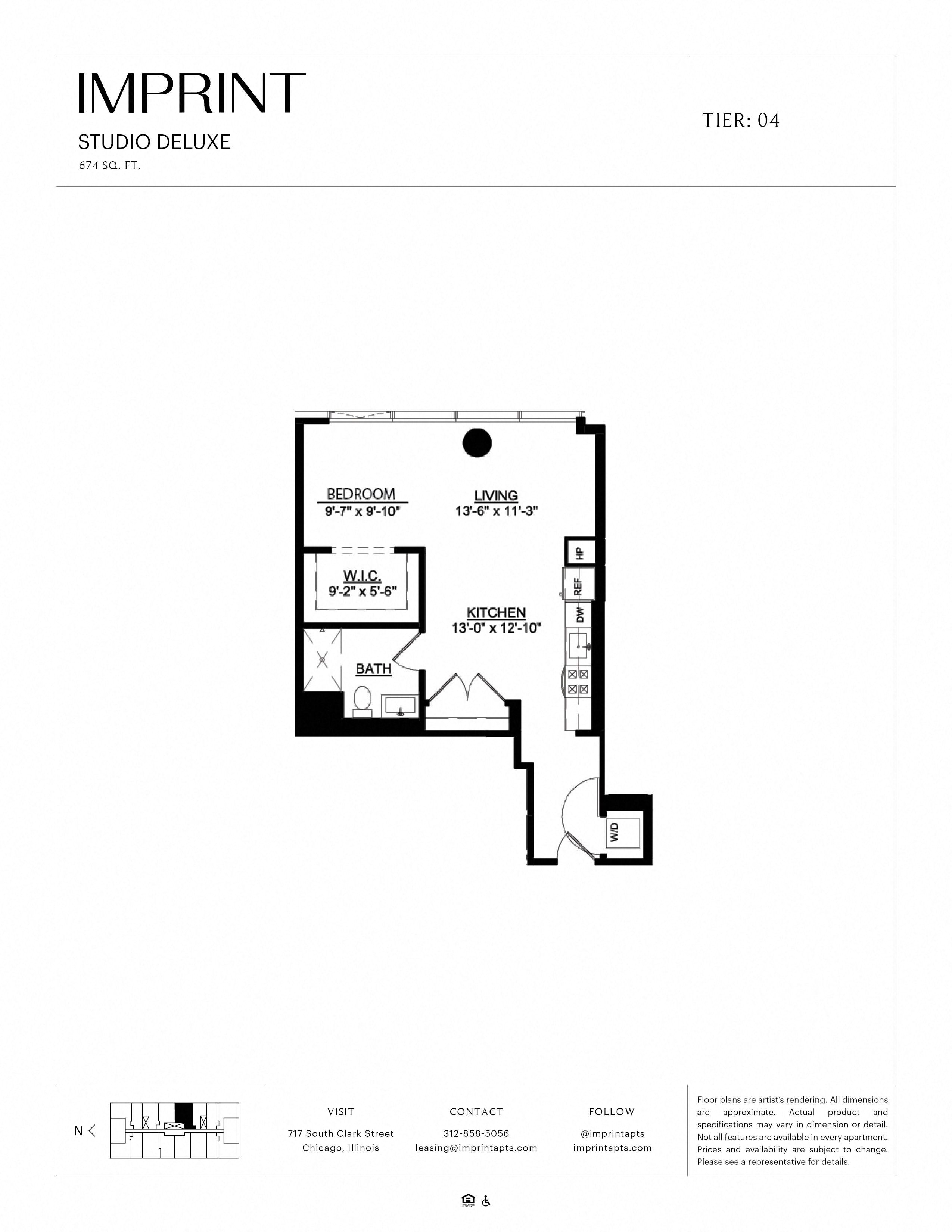 Floor plan for studio, 1 bath, 674 sqft